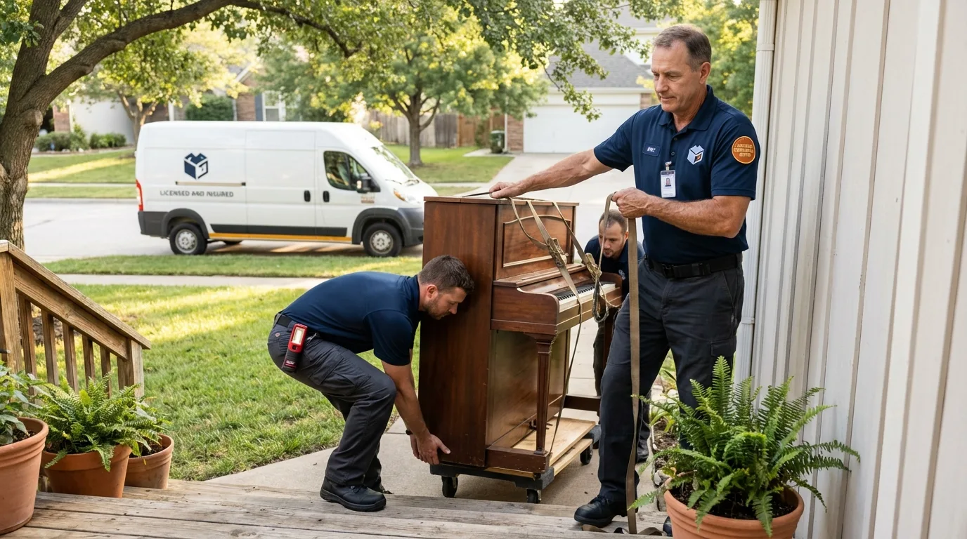 Licensed piano movers securing grand piano in Pardeeville, WI