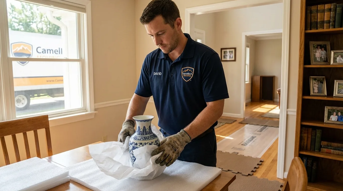 Professional crew carefully wrapping antique vase for senior downsizing move in Pardeeville, WI